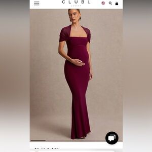 Burgundy Square-Neck Mesh-Sleeve Maternity Maxi Dress